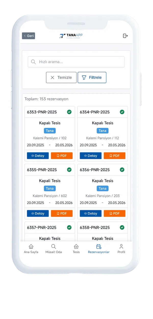 TanaApp mobil rezervasyon listesi
