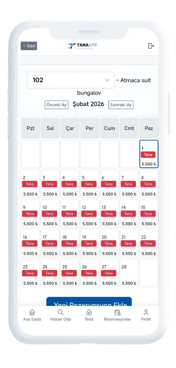 TanaApp mobil oda takvimi